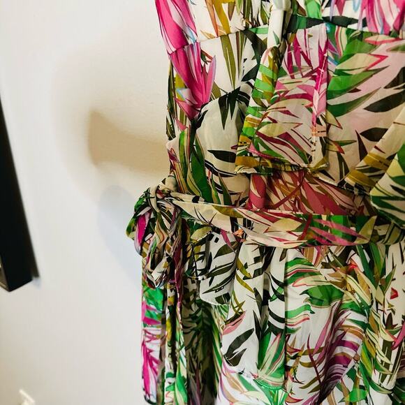 Badgley Mischka Palm Print Ruffle Pink Green Maxi Dress Size 4 - Picture 14 of 16